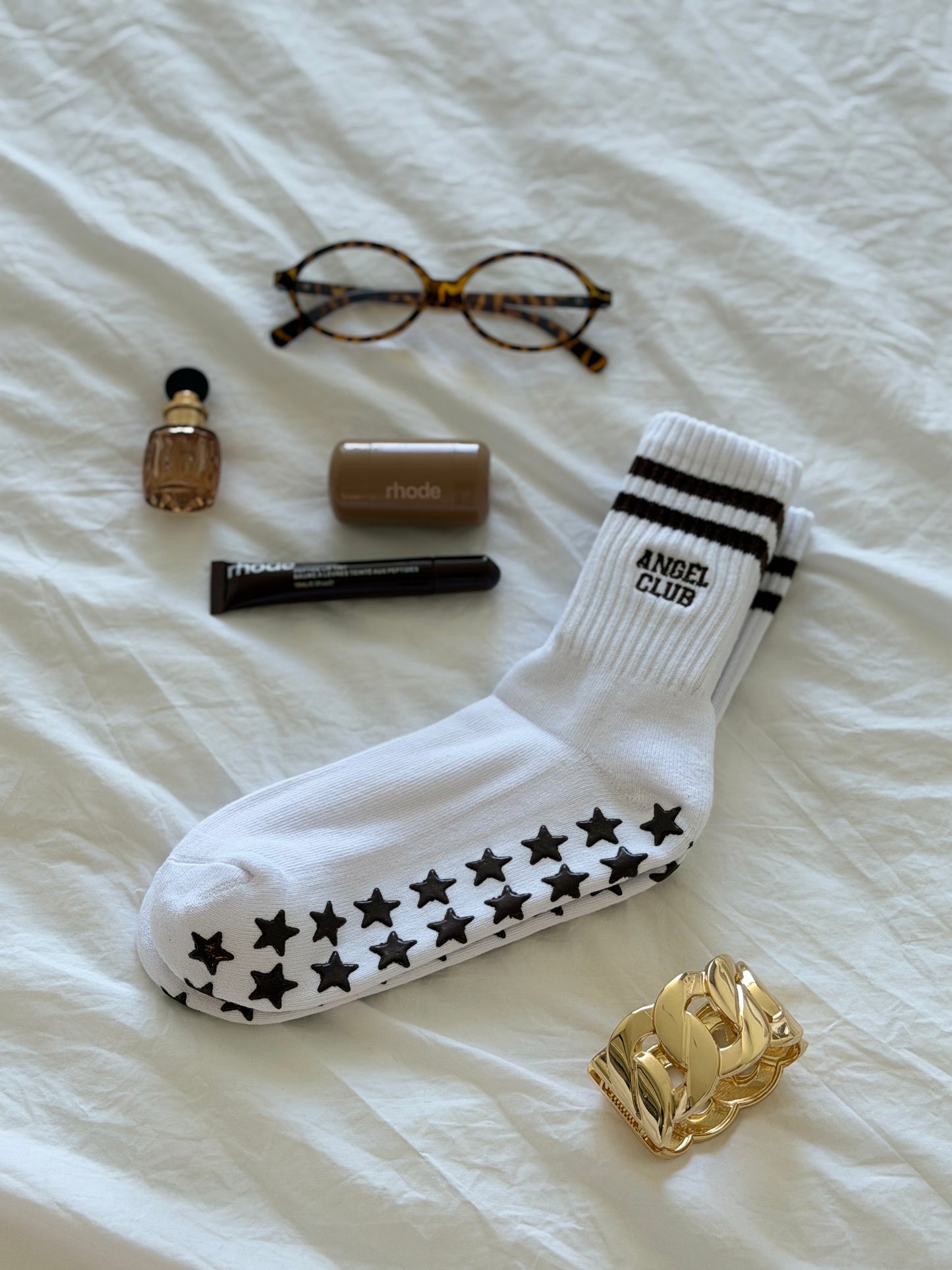 Pilates Grip Socks - White & Brown Stars